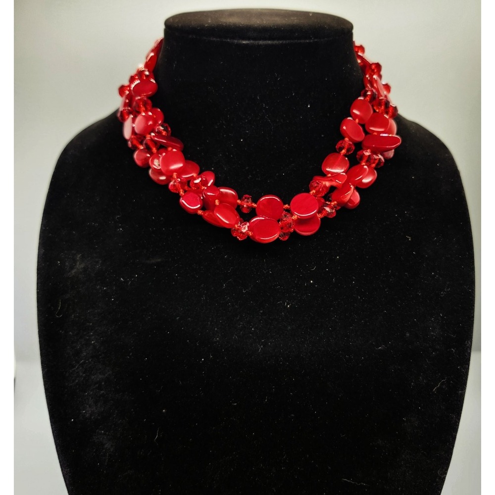 Red Multi-Strand Statement Bib Necklace Adjustable Beaded Faceted Crimson